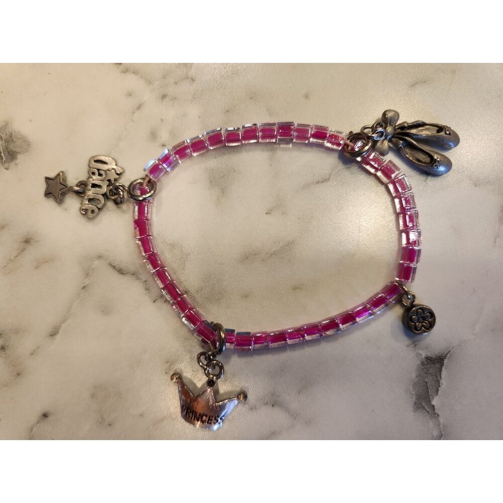 Pink Beaded Charm Bracelet With Silver Princess Flower & Dance Charms